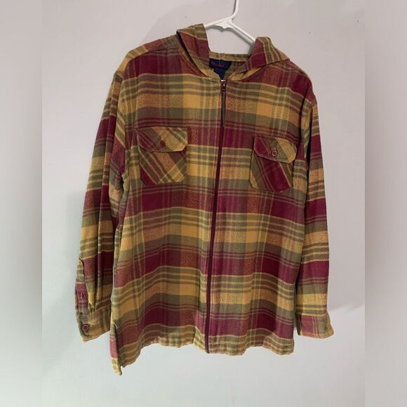 VTG Hooded Flannel Jacket Plaid Lightweight Multi color Size L Red Brown Yellow - Picture 1 of 7